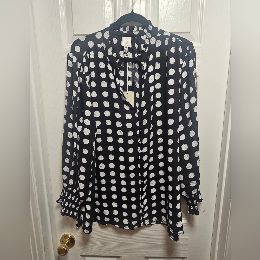 Joie Black & White Polka Dot Blouse 2X Plus Size NWT Sheer Lightweight Button